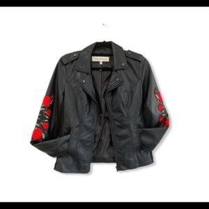 Sebby Faux Leather Jacket with Rose Decal-M
